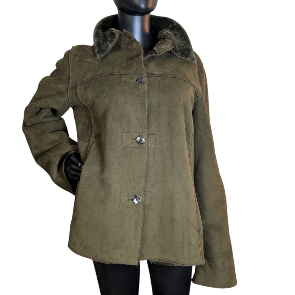 Alfred Dunner Olive Shearling Lined Leather Jacket Size 10 Faux Fur Collar